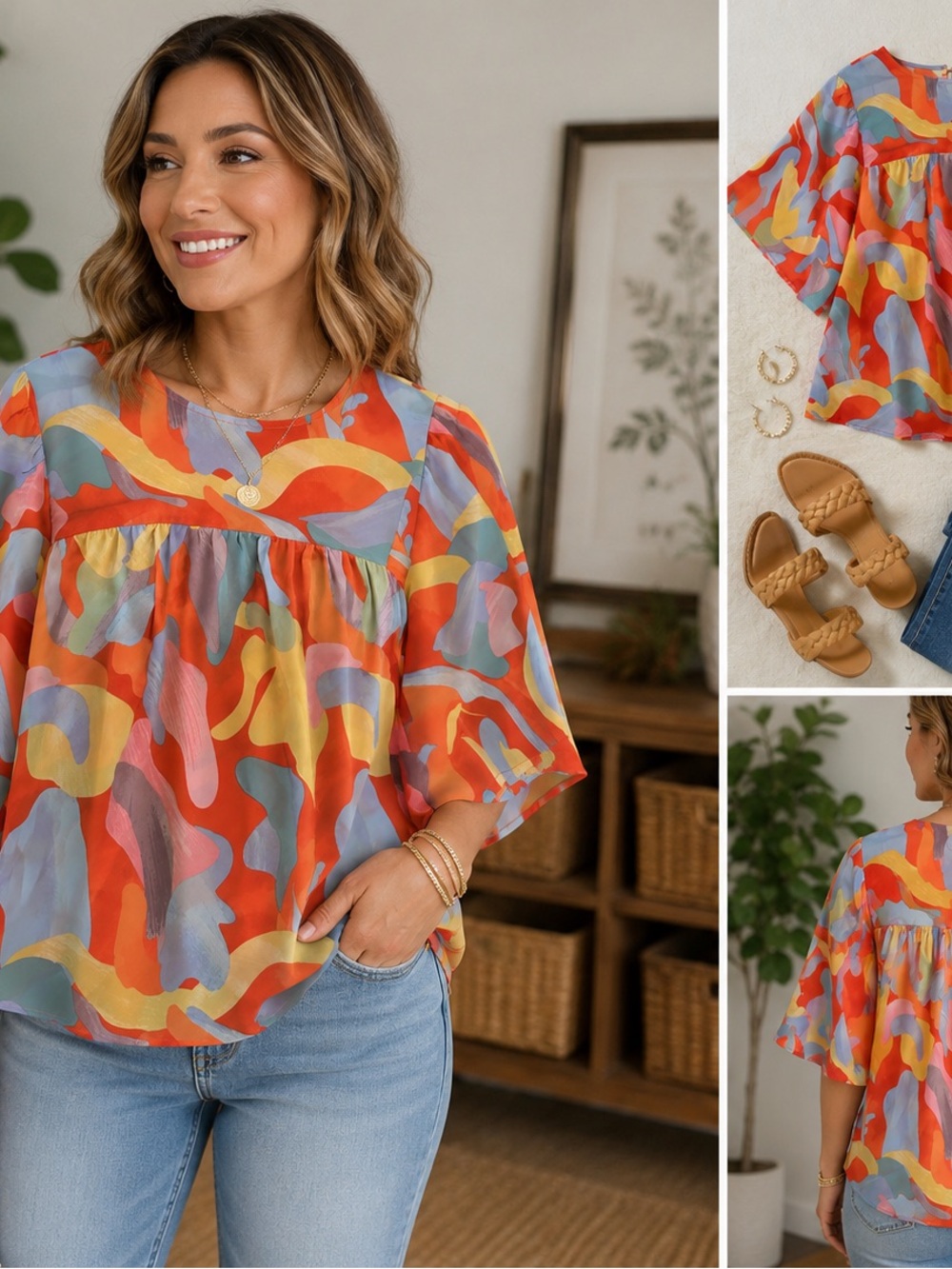 Source Unknown Multicolor Abstract Wave Peasant Top